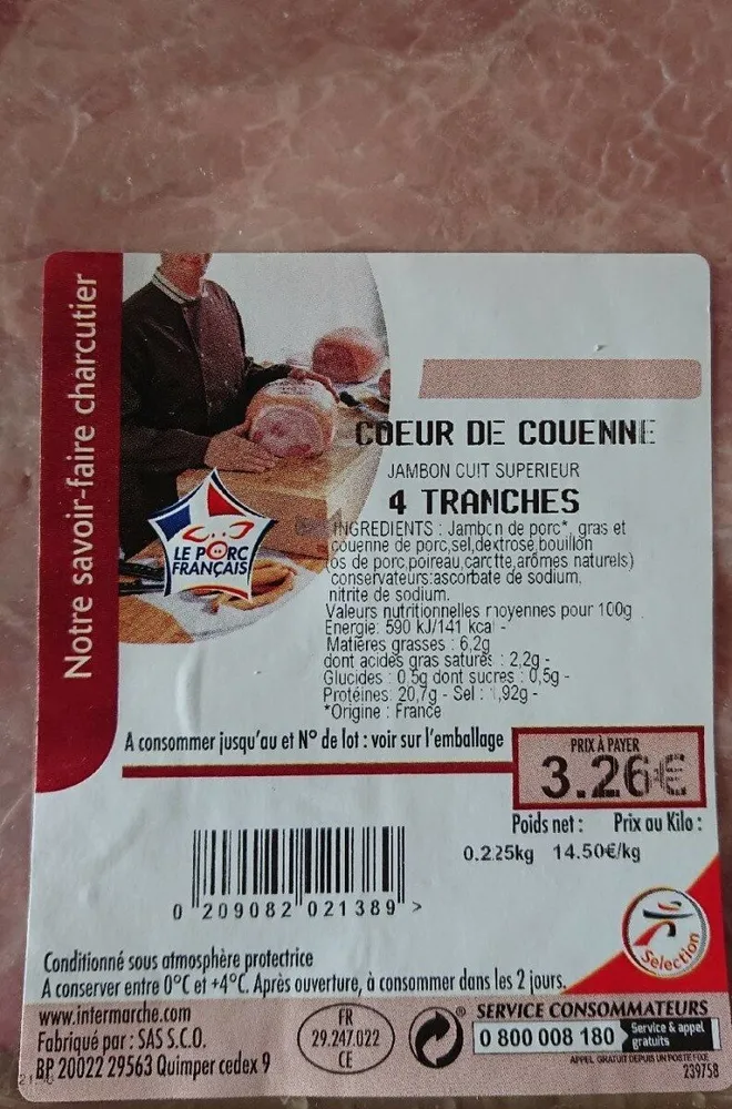 Jambon cuit supérieur cœur de couenne