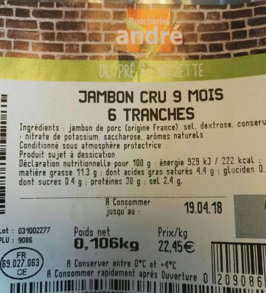Jambon cru 9 mois 6 tranches