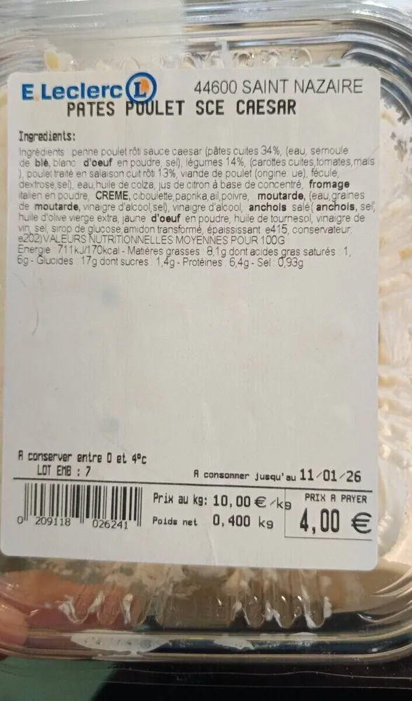 Pâtes poulet SCE Caesar