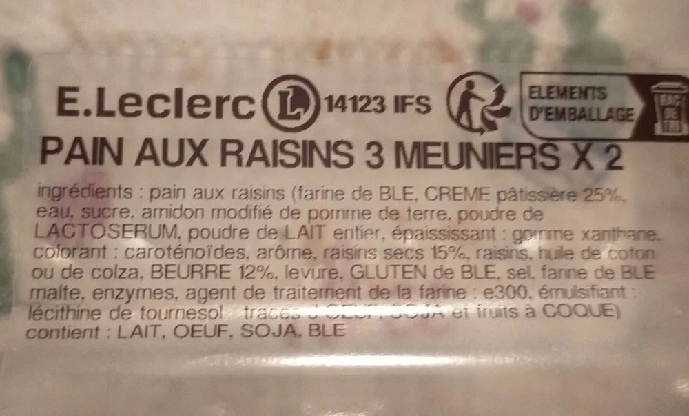Pain aux raisins trois meunier distribution Leclerc