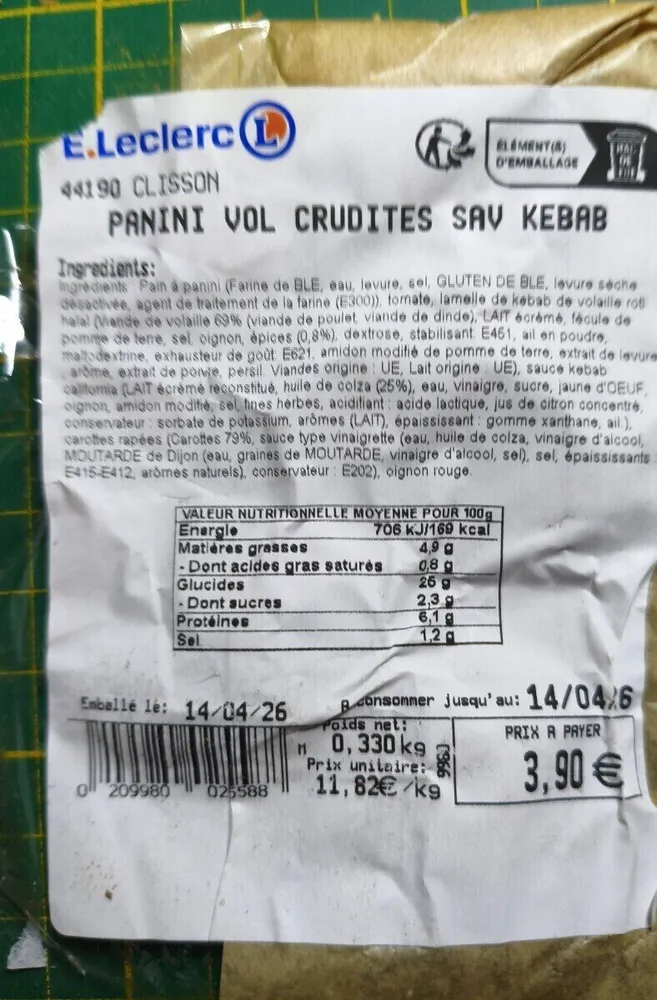 Panini vol crudités sav kebab