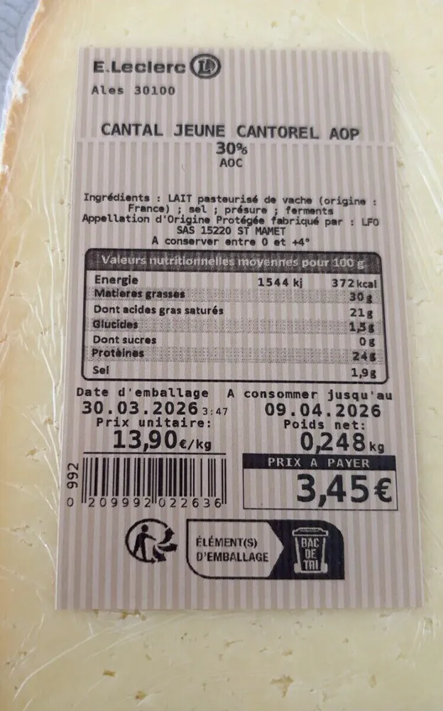 Cantal Jeune Cantorel Aop 30% Aoc
