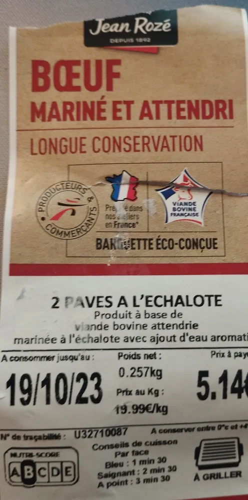 Bœuf mariné et attendri 2 pavés à l'échalote