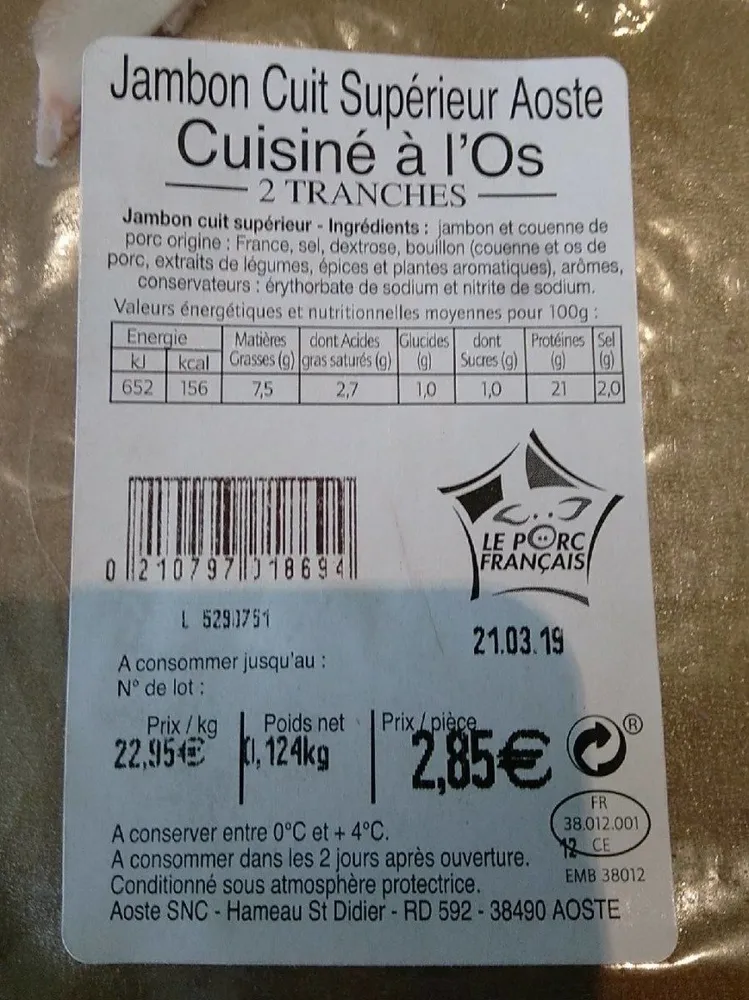 Jambon cuit superieur aoste cuisiné à l'os