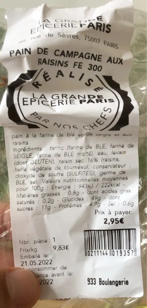 Pain de campagne aux raisins FE