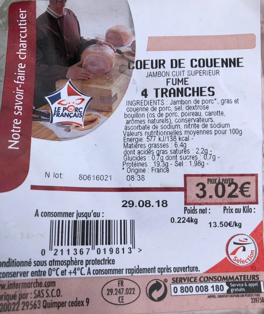 Coeur de couenne, jambon cuit superieur fumé