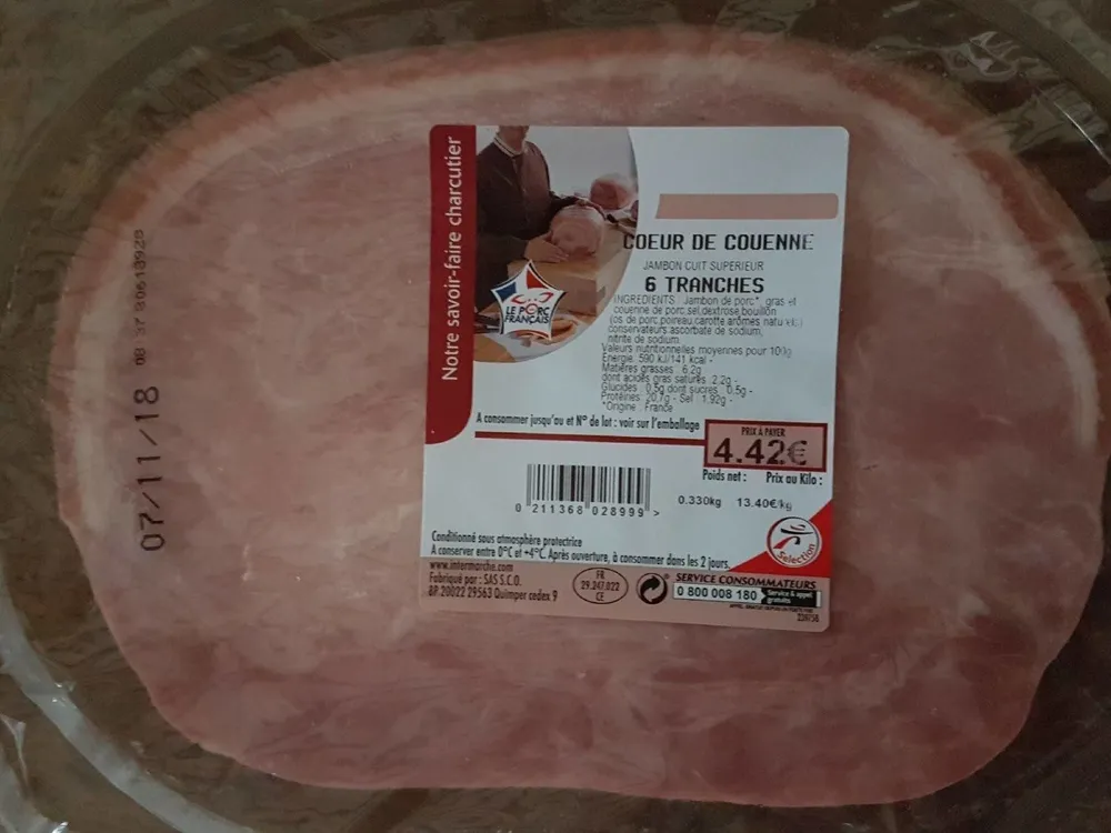 Coeur de couenne - jambon cuit supérieur - 6 tranches