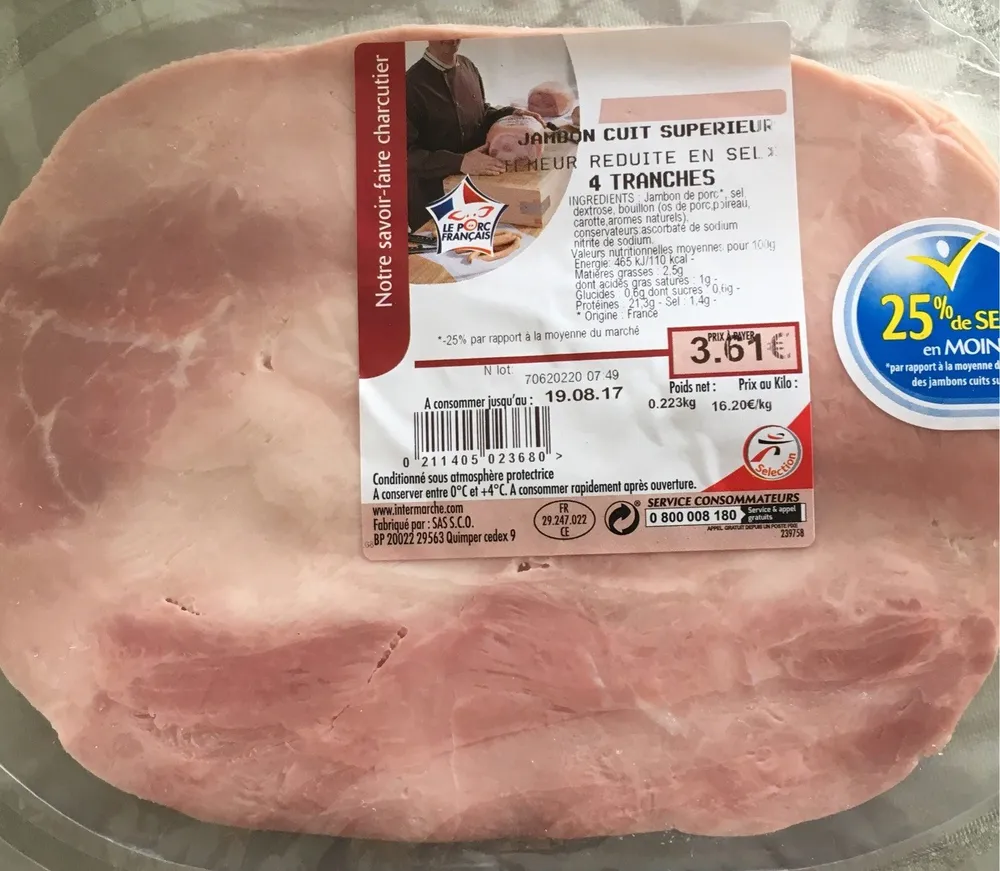 Jambon cuit supérieur, teneur reduite en sel