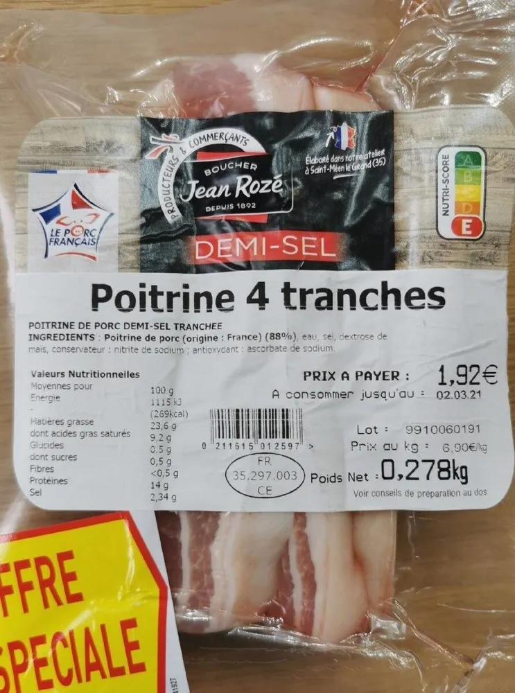 Poitrine de porc demi-sel tranchée