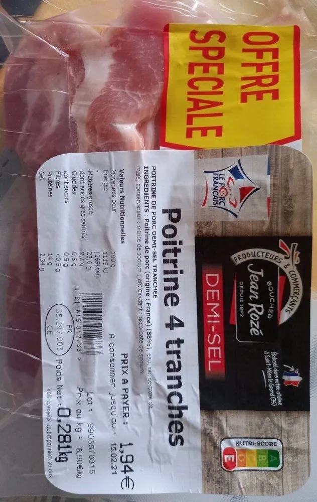 Poitrine de porc demi-sel tranchée