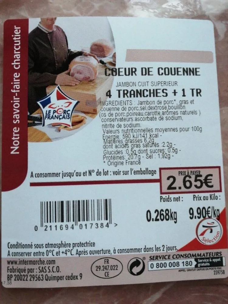 Cœur de couenne. Jambon cuit supérieur.