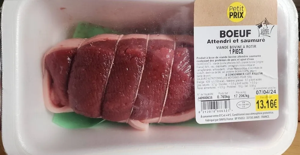 Viande bovine à rôtir, bœuf attendri et saumuré.
