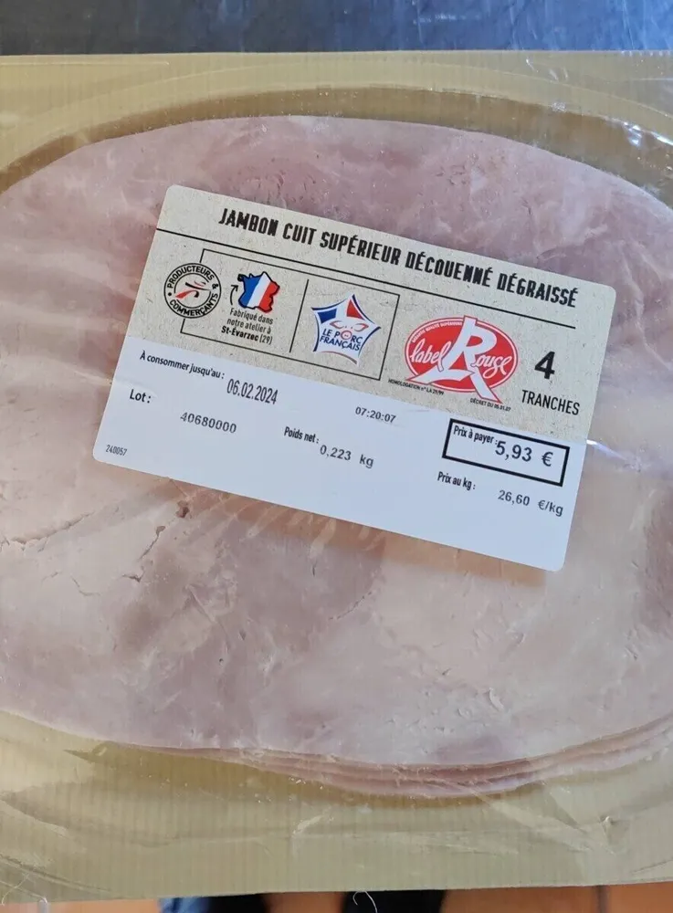 Jambon cuit supérieur découenné dégraissé