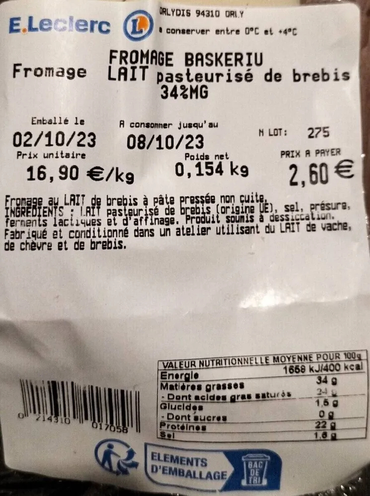 Fromage lait pasteurisé de brebis