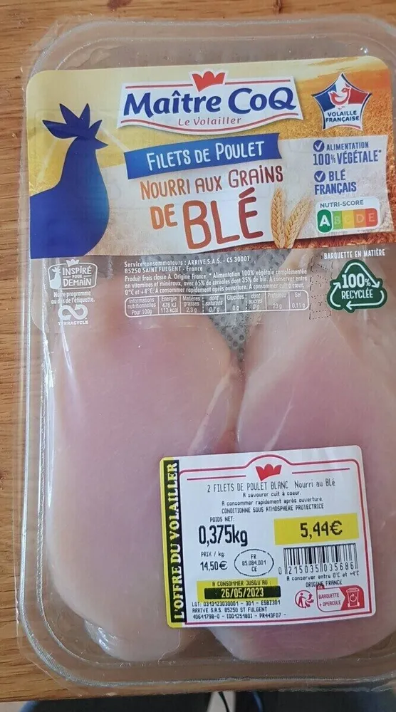 Filets de poulet nourri aux grains de blé