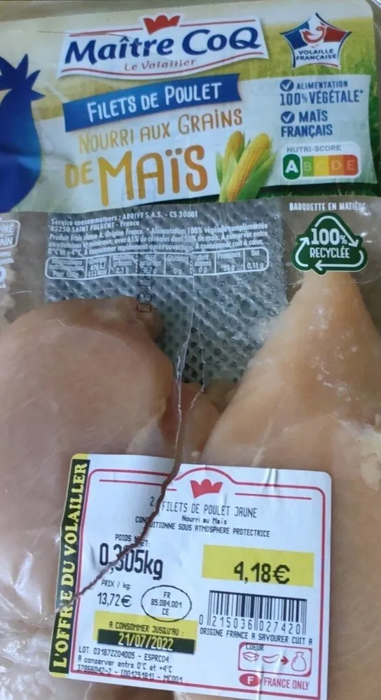 Filets de poulet nourri au grains de maïs