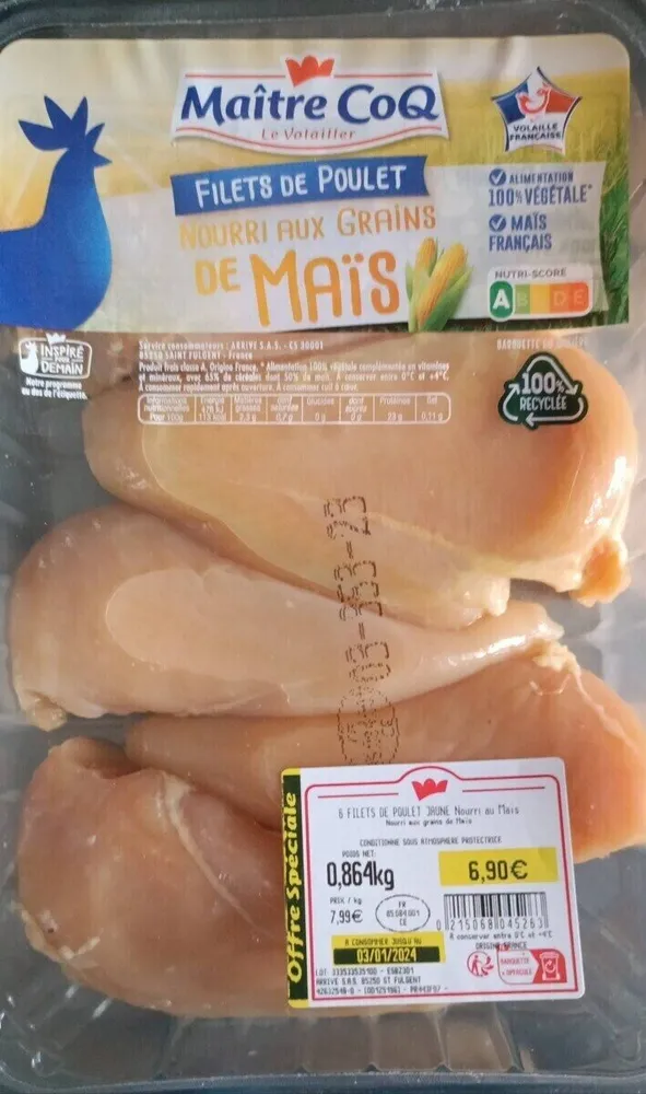 Filets de poulet nourris aux grains de maïs