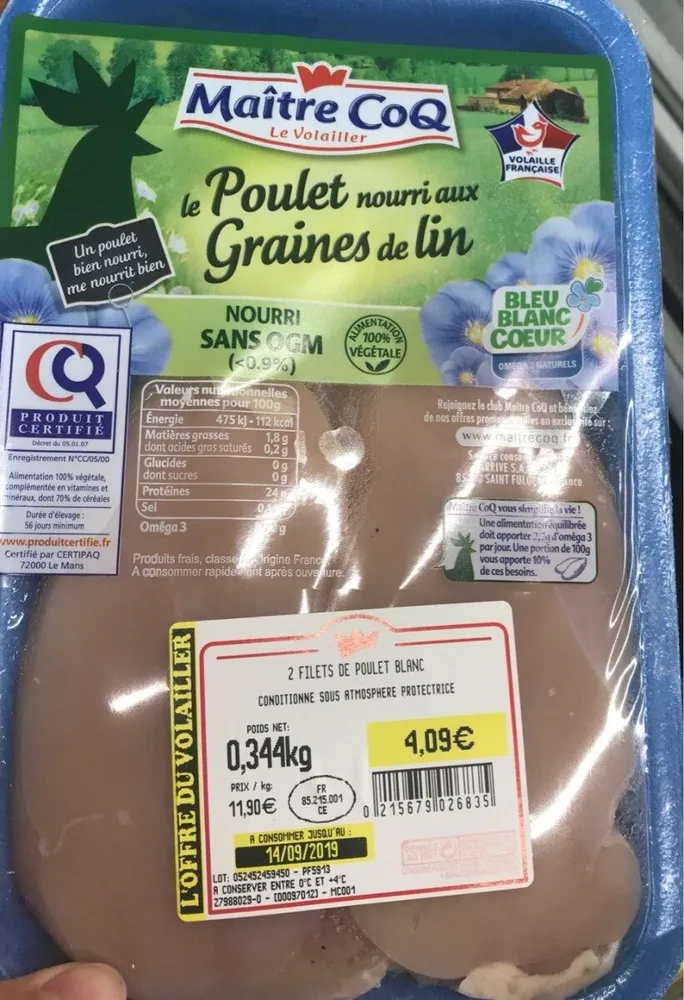 Filets de poulet nourri aux graines de lin