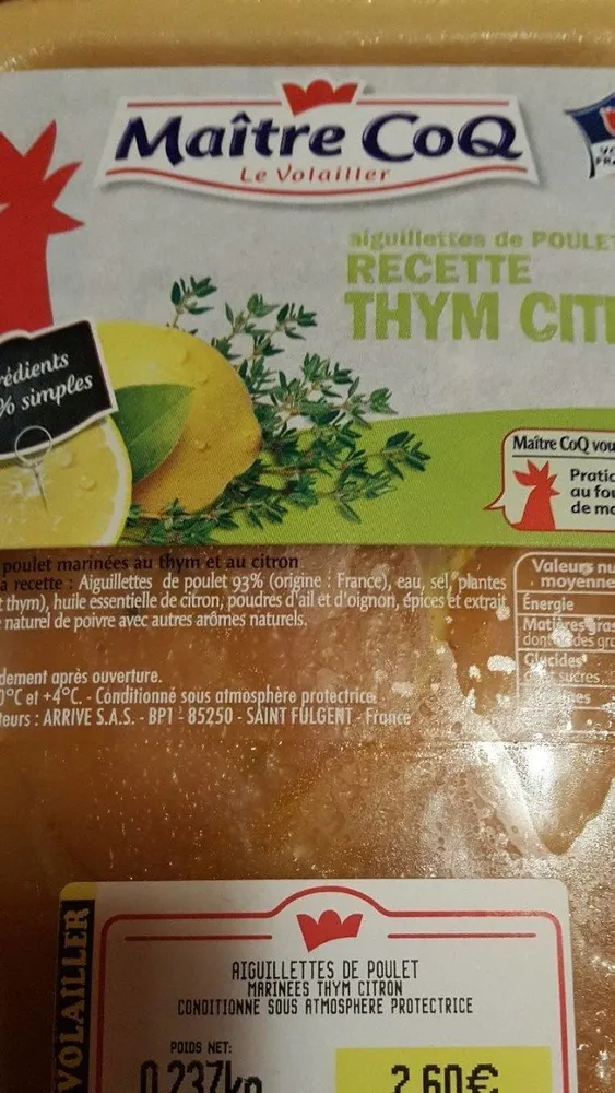 Aiguillettes de poulet  thym citron