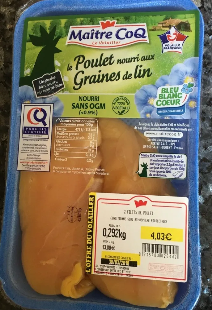 Poulet. Nourri aux graines de lin