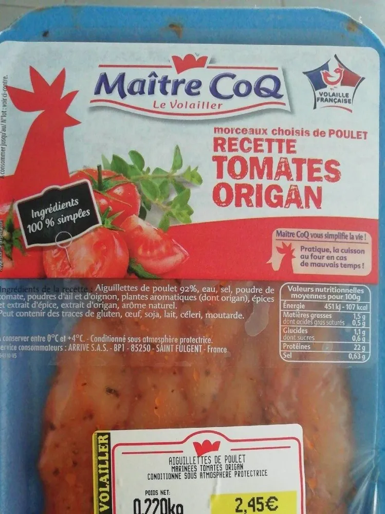 Aiguillette de poulet marinées tomates origan