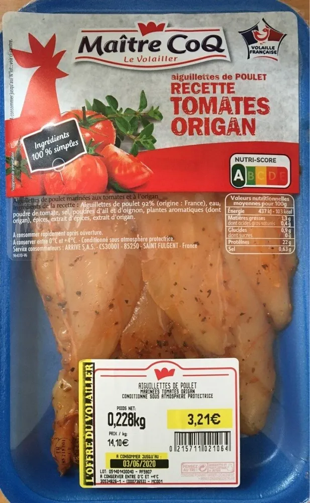 Aiguillettes de poulet tomates origan