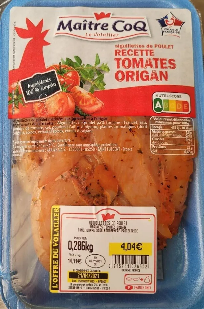 Aiguillettes de poulet tomate origan