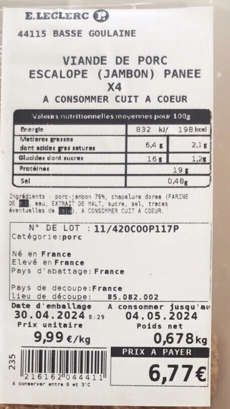 Viande de porc escalope panee