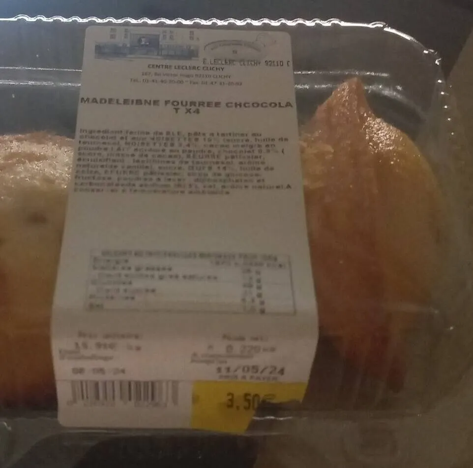Madeleine fourrées chocolat x4