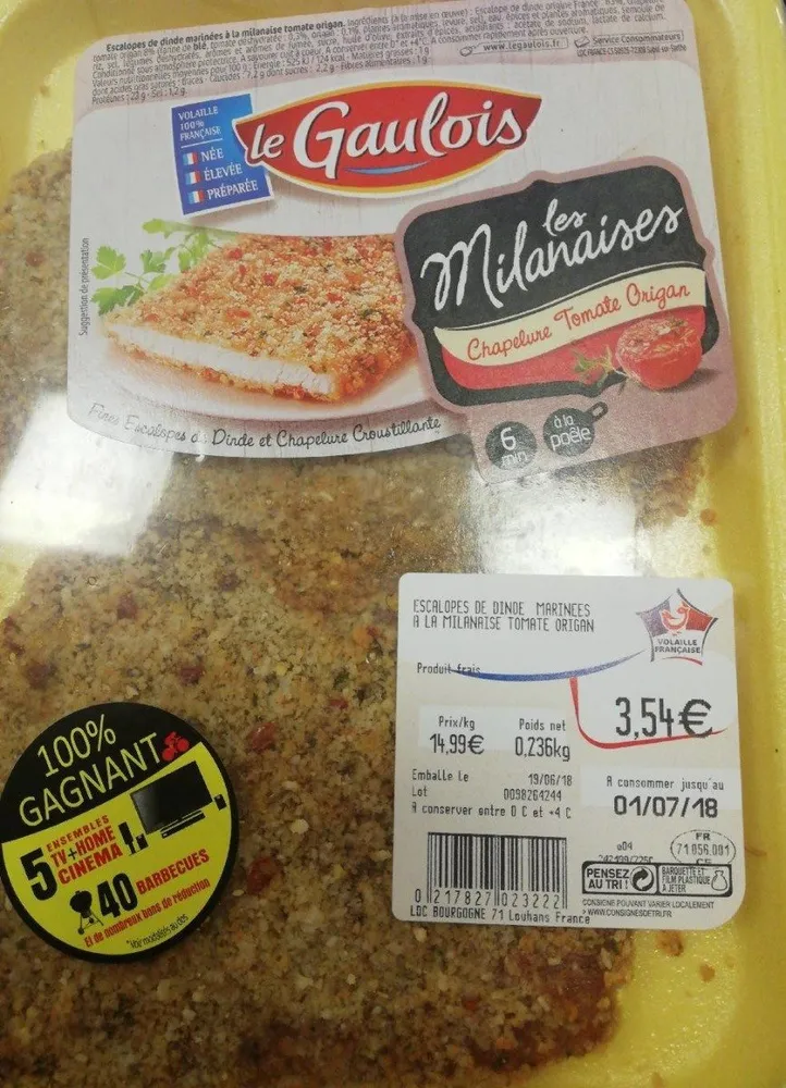 Escalope dinde marinees a la milanaise tomate origan