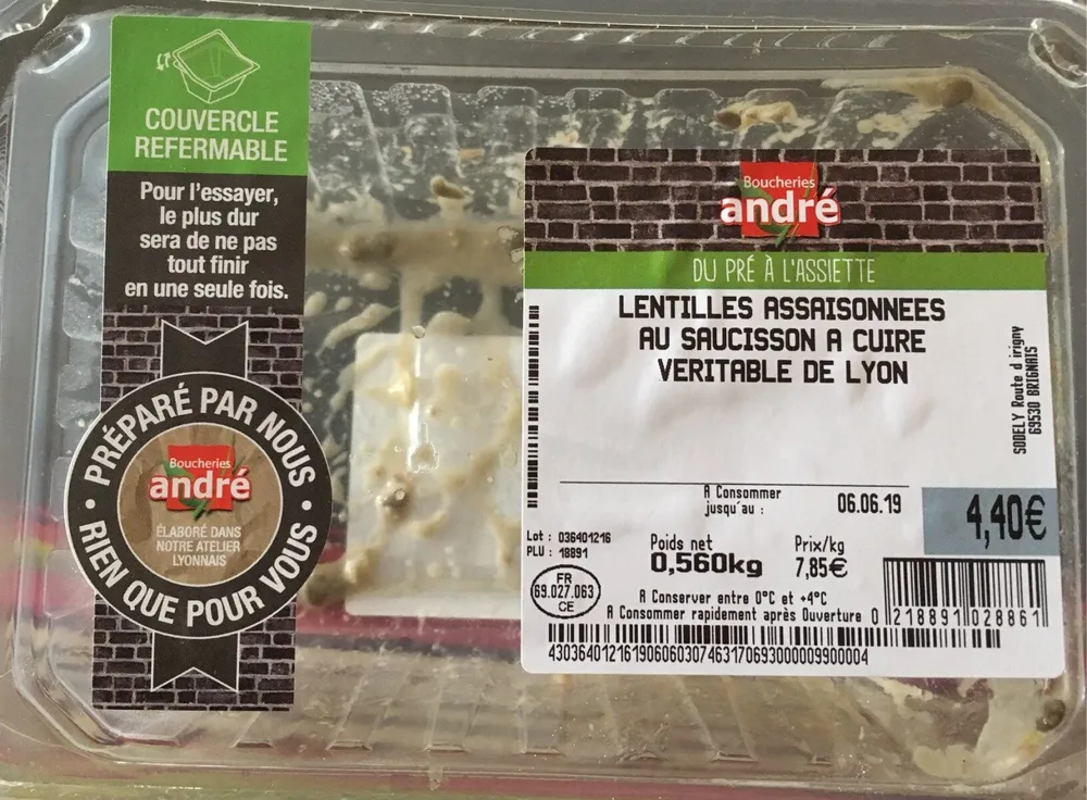 Lentilles assaisonnees au saucisson a cuire veritable de lyon