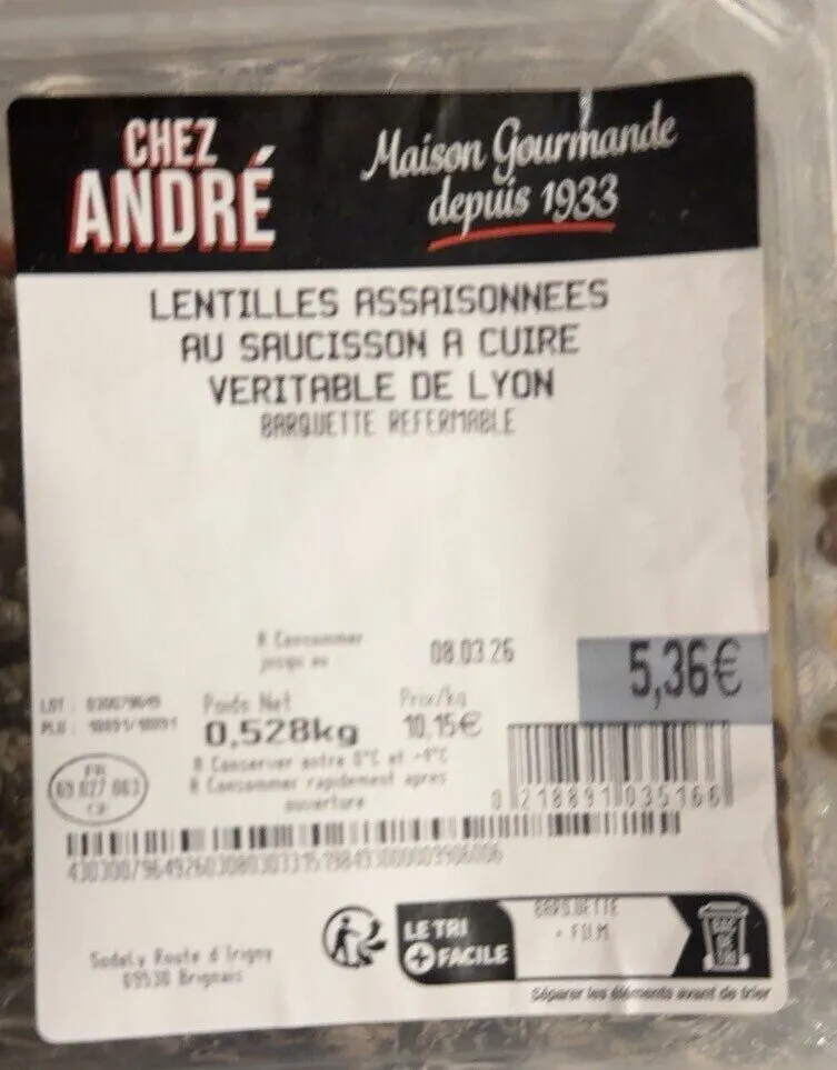 Lentilles assaisonnées au saucisson a cuire veritable de lyon