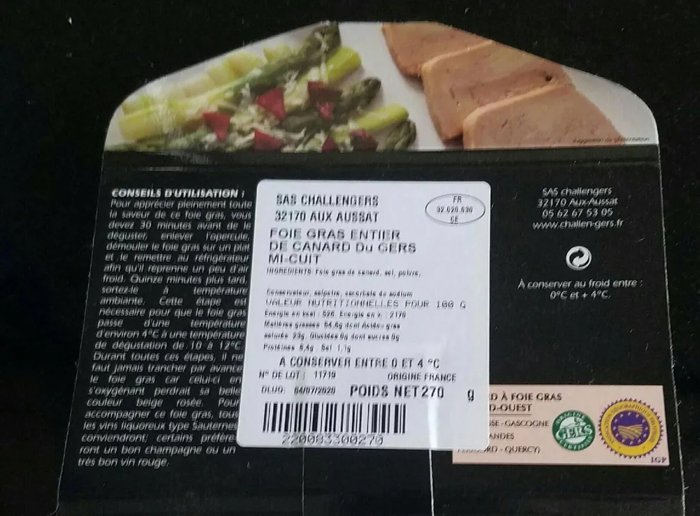 Foie gras entiet de canard  du gers mi cuit
