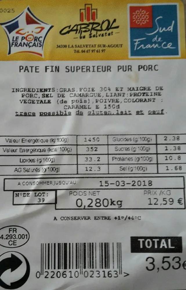 Pâté fin supérieur pur porc