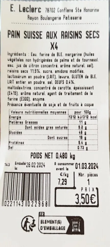 Pain suisse aux raisins secs x4
