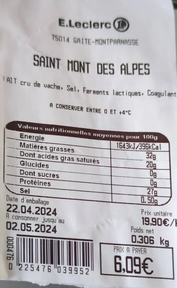 Fromage au lait cru de vache