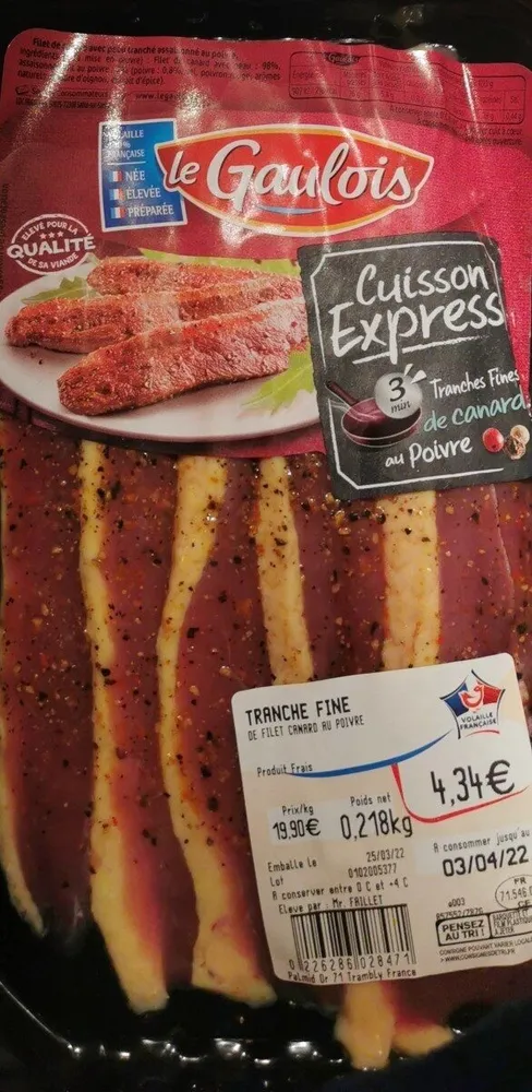 Tranche fine de filet de canard au poivre