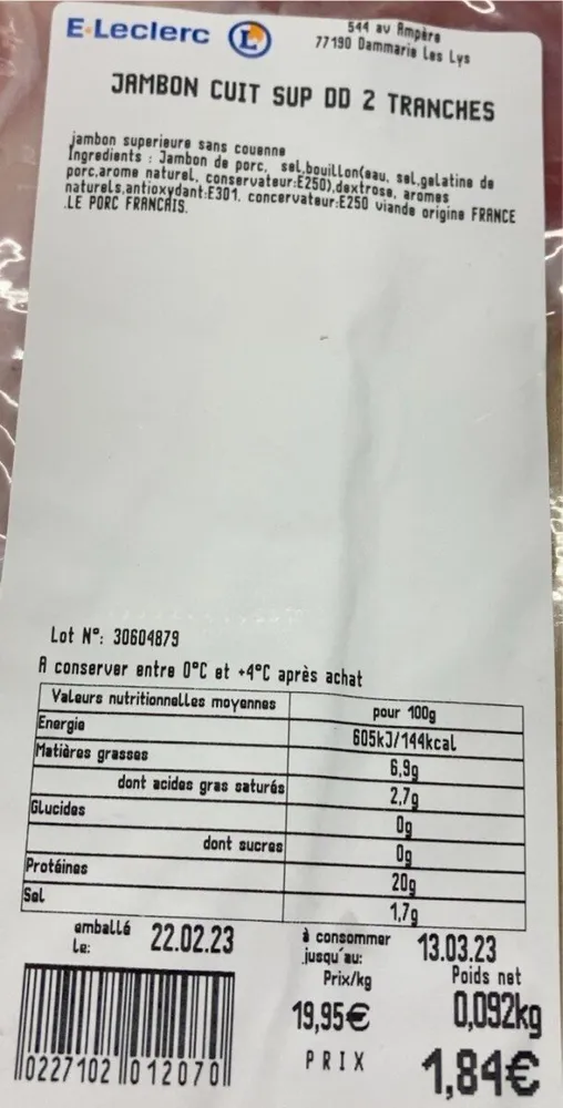Jambon cuit supérieur