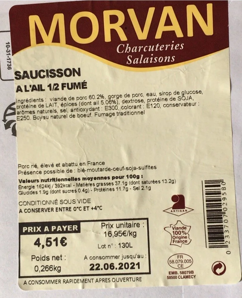 Saucisson a l’ail 1/2 fumé