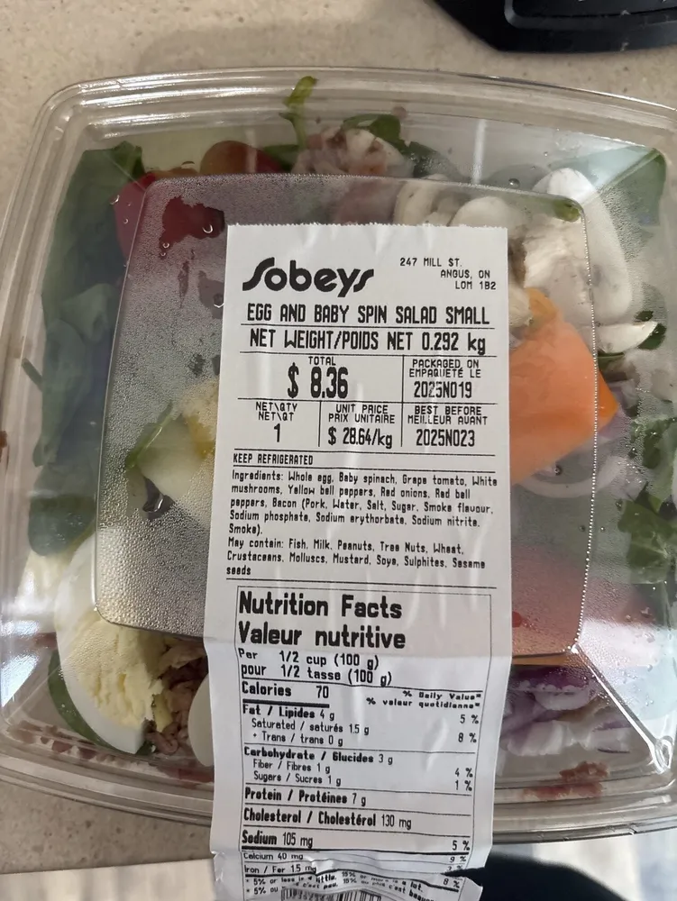 Sobeys Egg And Baby Spinach Salad Small