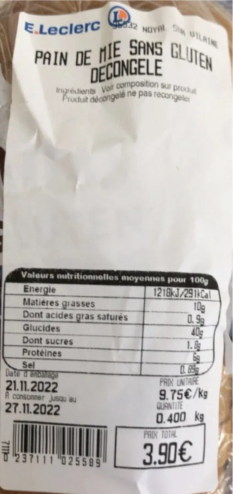 Pain dans gluten