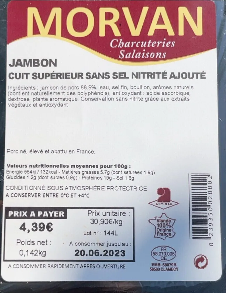 Jambon cuit supérieur sans sel nitrité ajouté
