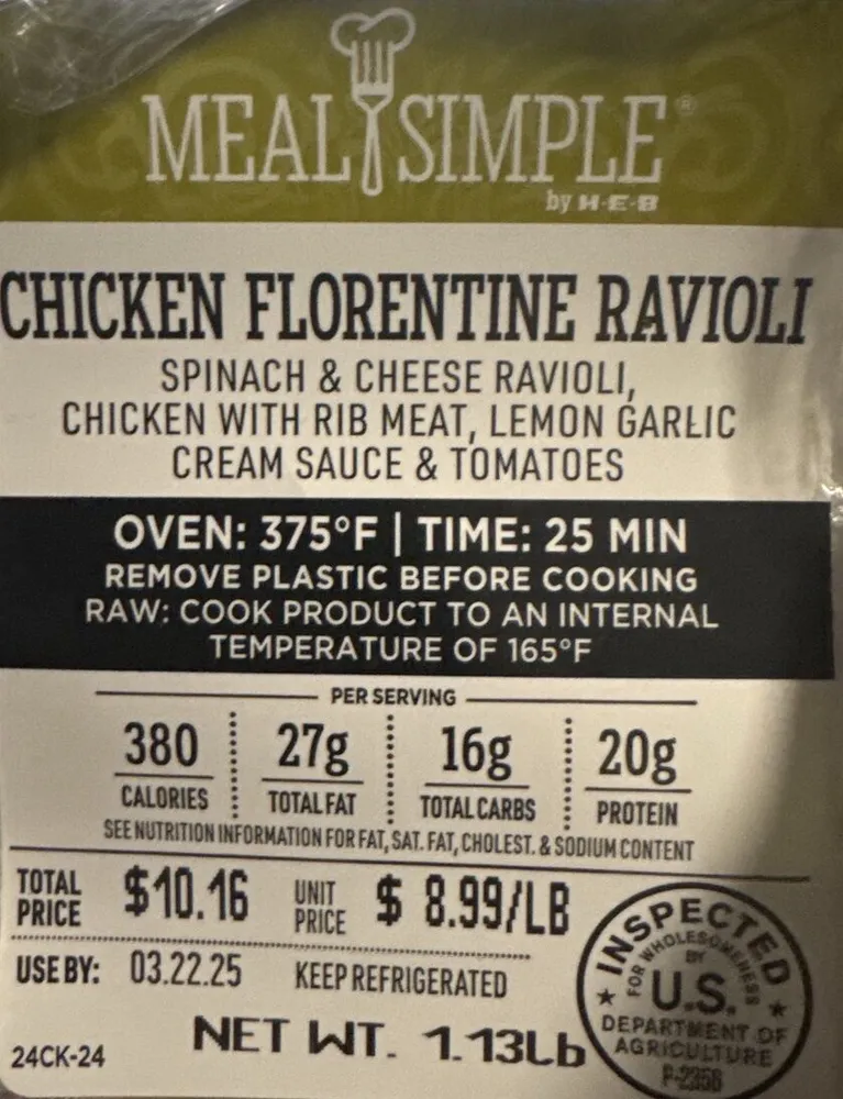 Chicken Florentine ravioli