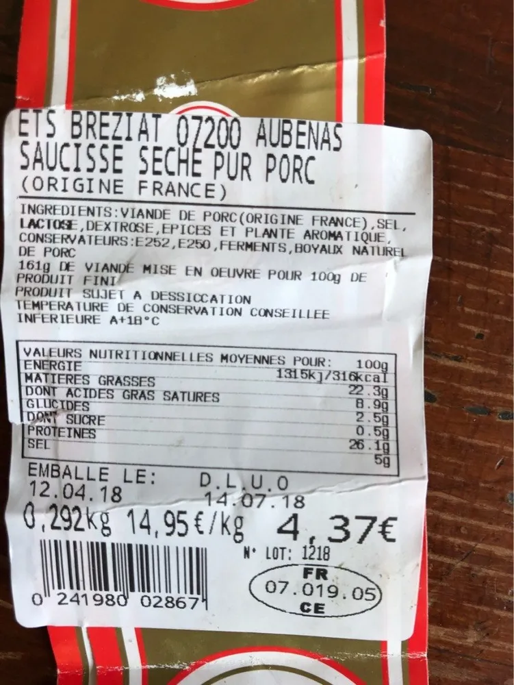 Saucisse seche pur porc