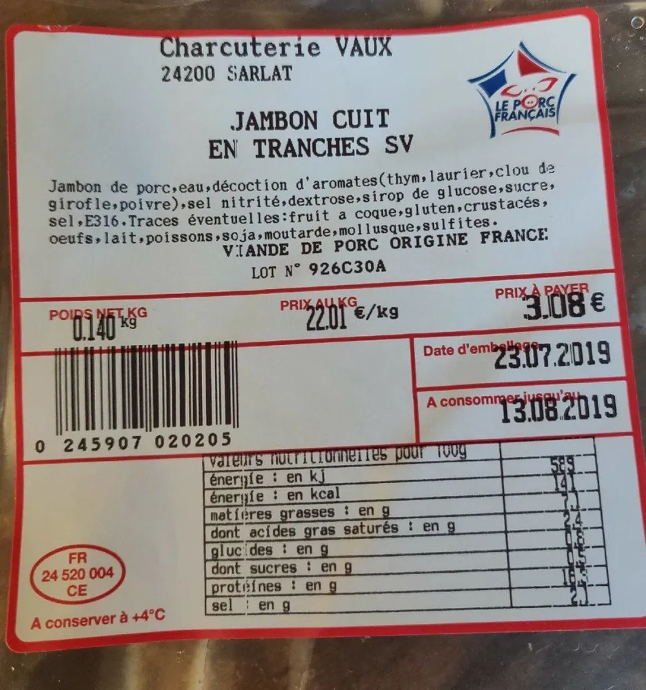 Jambon cuit en tranche