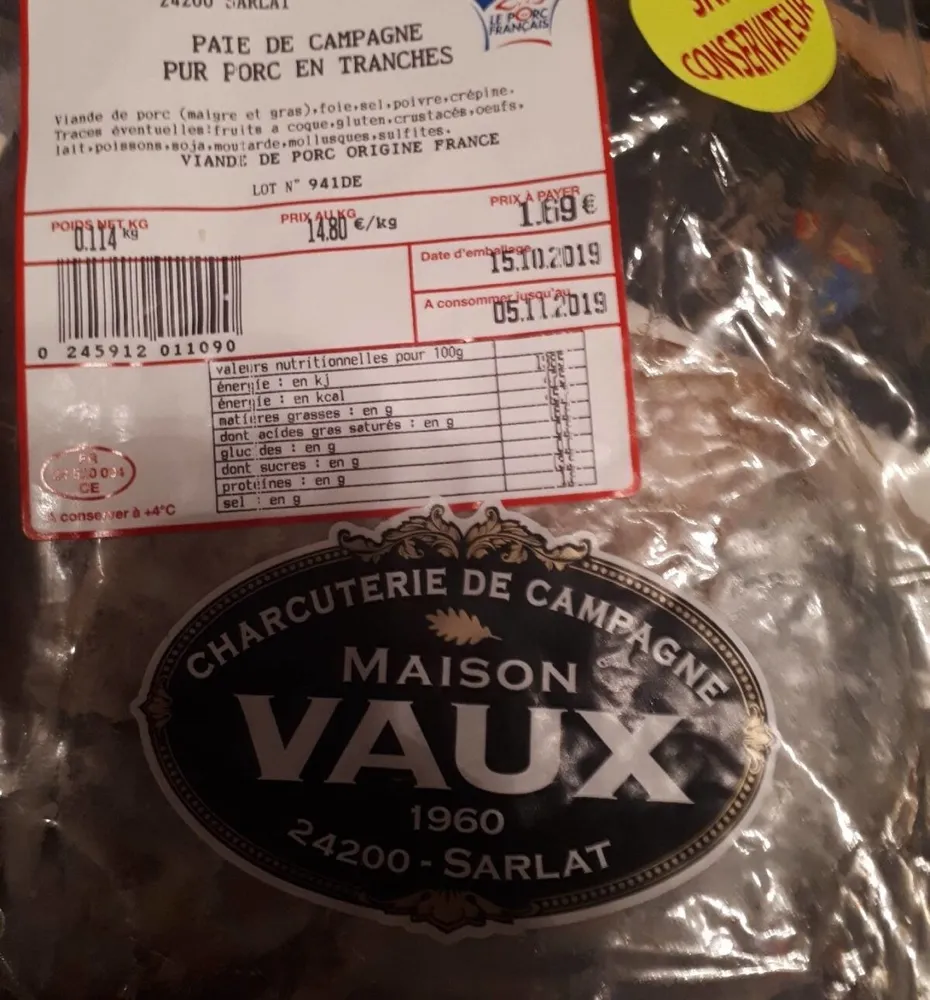 Pâte de campagne pur porc en tranches