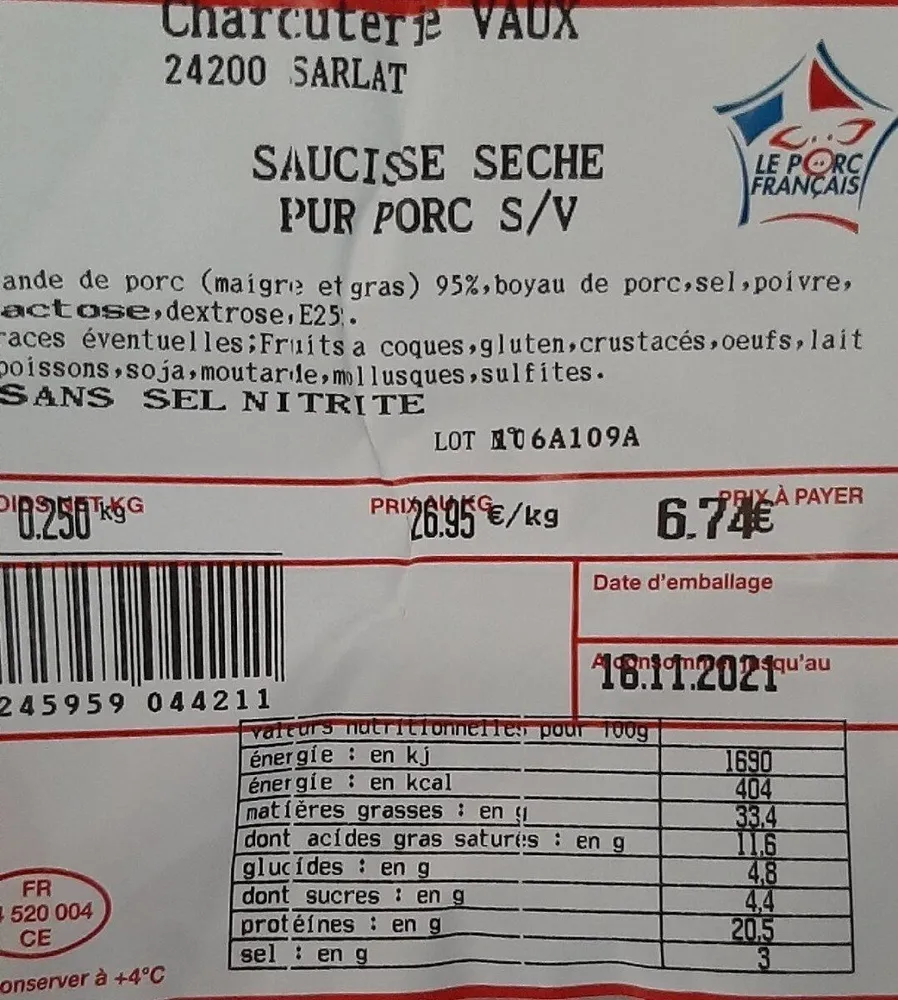 Saucisse sèche pur porc