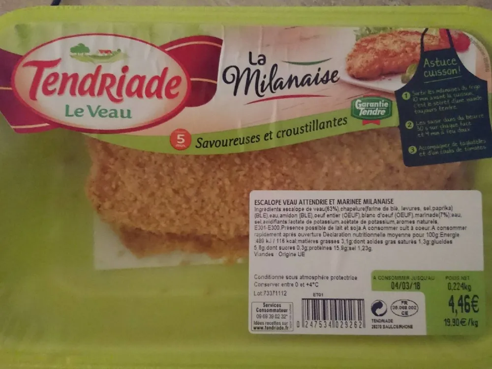 Escalope veau attendrie et marinée milanaise