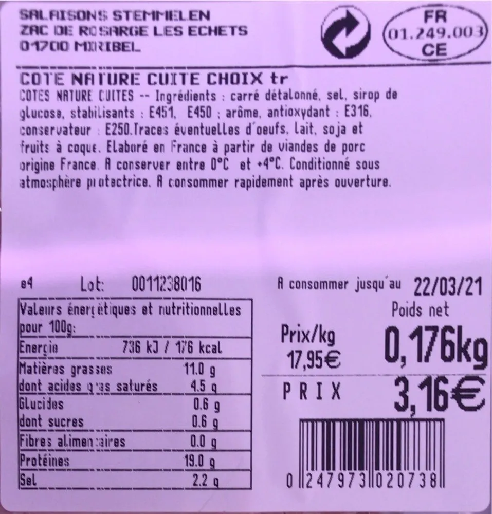 COTE DE PORC NATURE CUITE