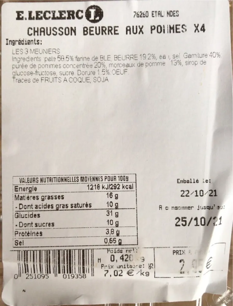Chausson beurre aux pommes x4